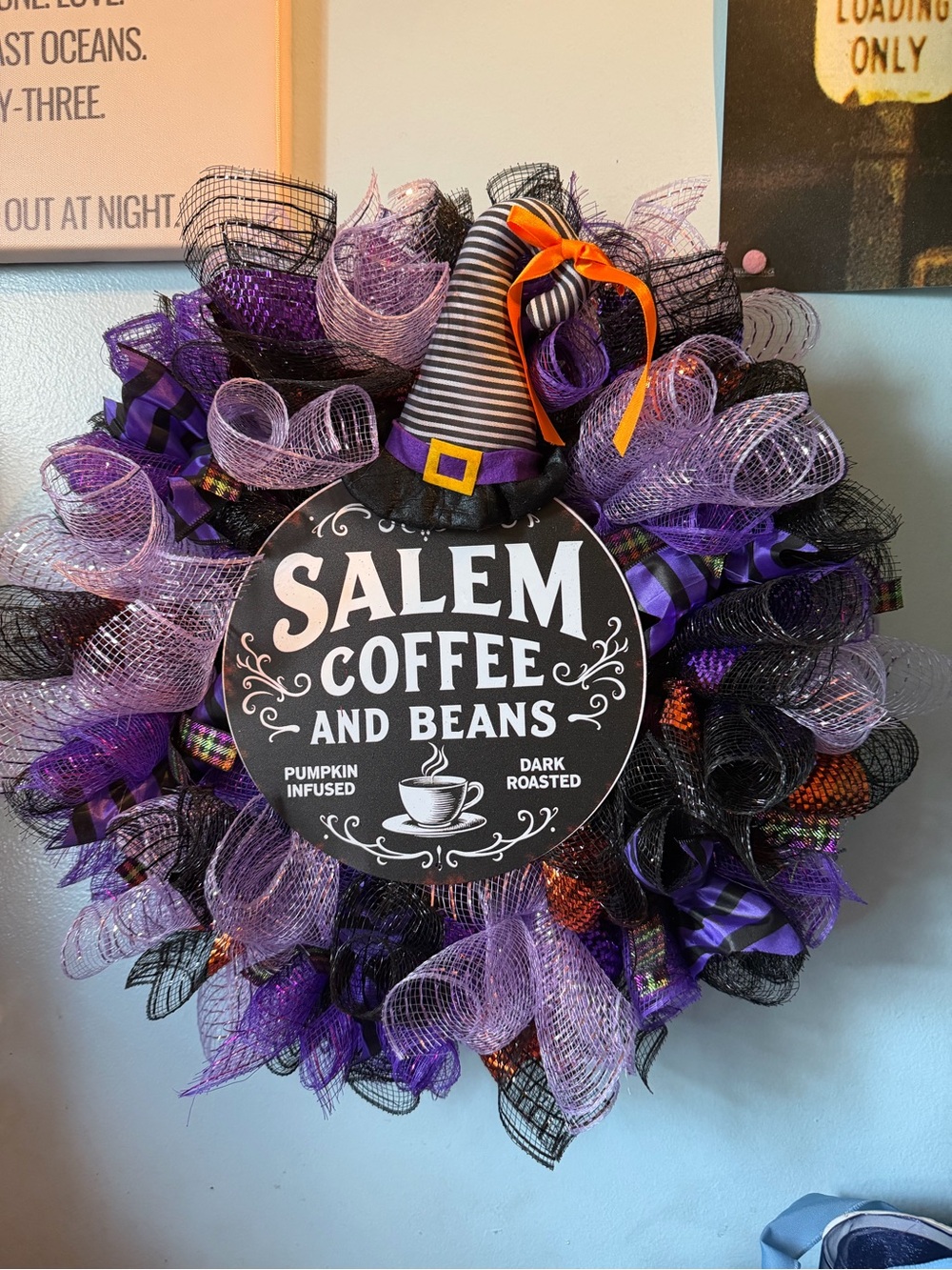 Hand Crafted Purple, Black & Orange Halloween Coffee Wreath